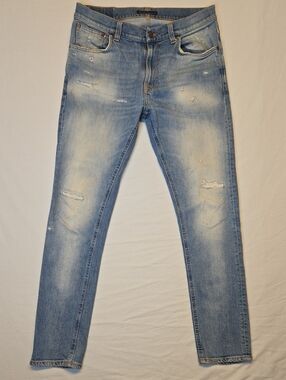 Nudie Jeans Co Broken Summer Lean Dean Light Blue Distressed Demim Jeans